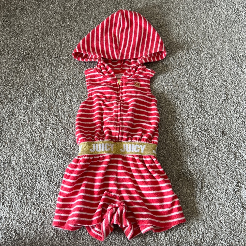 juice couture romper baby girls 18M pink white stripes hooded terry beach casual